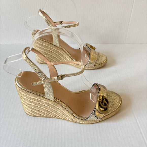 Gucci Aitana GG Marmont Espadrille Platform Wedge Heel Sandals Gold Size EU 37.5 - Picture 6 of 13